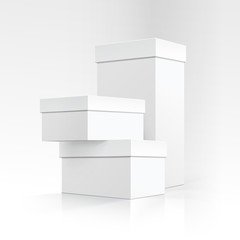 Set of Blank White Carton boxes of different sizes and shapes in Perspective for package design on White Background