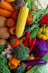 Vegetables background, assortment of raw vegetables close up
