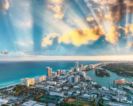 Miami Beach Buildings, Aerial Sunset View