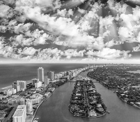 Miami Beach from the air, black and white aerial view