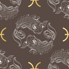 Zodiac sign Pisces. Horoscope vintage seamless pattern.