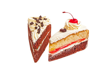 chocolate layer cake with chocolate ship topping cream and vanilla layer cake with cherry currant cream isolated on white background.
