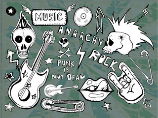 Cute embroidery patches and stickers collection. Punk is not dead. Hand drawn vector sketches. Lips, skull, pins, guitar,stars,arrows, hand, rock symbols, hand written tag lines.