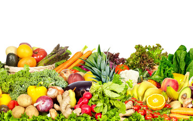 Vegetables and fruits over white background.