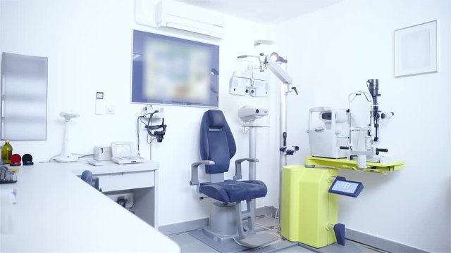 Optometry equipment in a big white room 4K