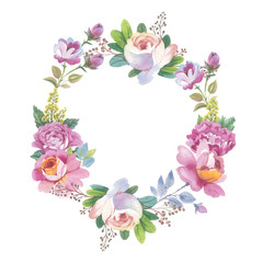 Wildflower rose flower wreath in a watercolor style isolated. Full name of the herb: rose, Hulthemia, Rosa. Aquarelle flower could be used for background, texture, pattern, frame or border.