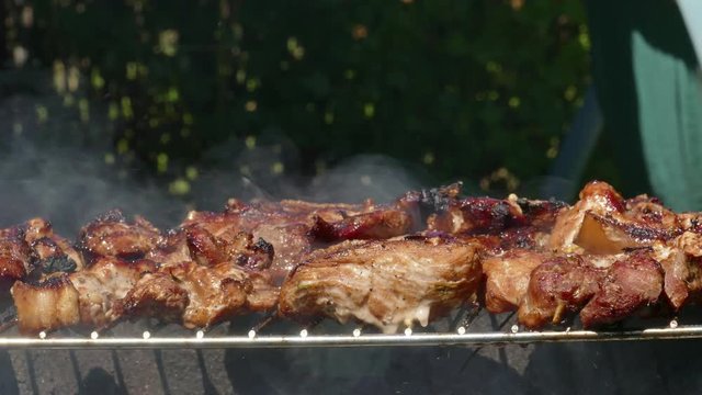 Close up of Pork Meat Steak on Barbecue Grill