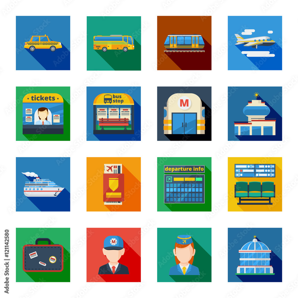 Sticker passenger transportation flat square icons