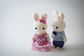 오해하고 있는 남자 여자 토끼 인형
