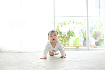 Little pretty baby girl crawling on the floor at home