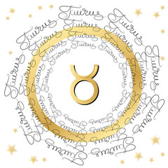 Zodiac sign Taurus. Horoscope card  with handwritten words.