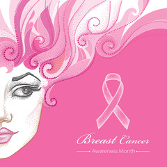 Vector illustration of half beautiful dotted girl face with ribbon on the pink background. Design for international health campaign for woman. Breast Cancer Awareness Month symbol in dotwork style. 