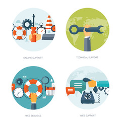 Fototapeta premium Vector illustration. Flat background. Web service. Mechanical tools. Development, online support.
