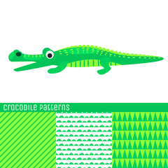 Cartoon crocodile vector illustration. Green kid alligator seamless patterns for textile print.