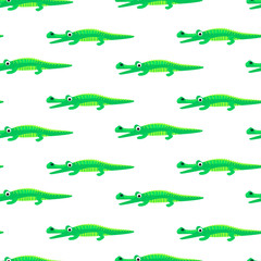 Crocodile green and white seamless pattern vector. Baby fabric print green and white wild reptile animal.