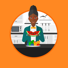 Woman eating watermelon vector illustration.