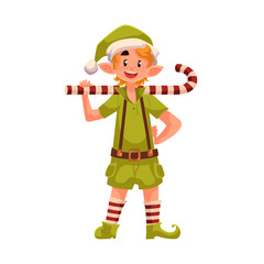 Christmas elf with a candy cane, cartoon vector illustration isolated on white background. Santa helper in green suit and striped socks, traditional elf character, Christmas decoration element