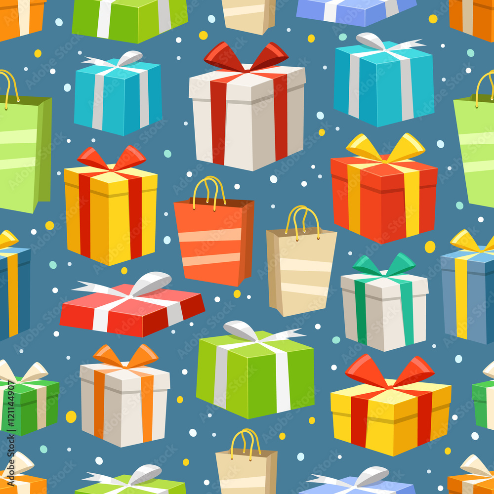 Poster Different color gift boxes seamless pattern. Vector design eleme
