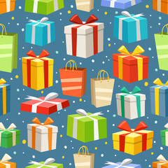 Different color gift boxes seamless pattern. Vector design eleme