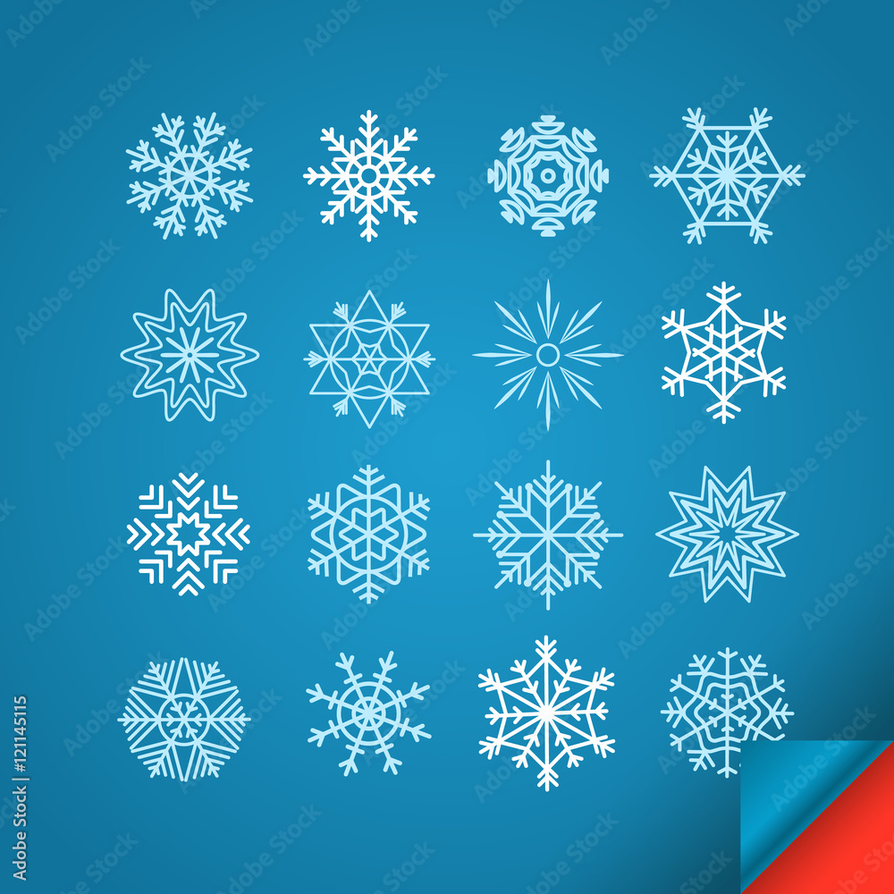 Poster different white snowflakes set on blue. design elements
