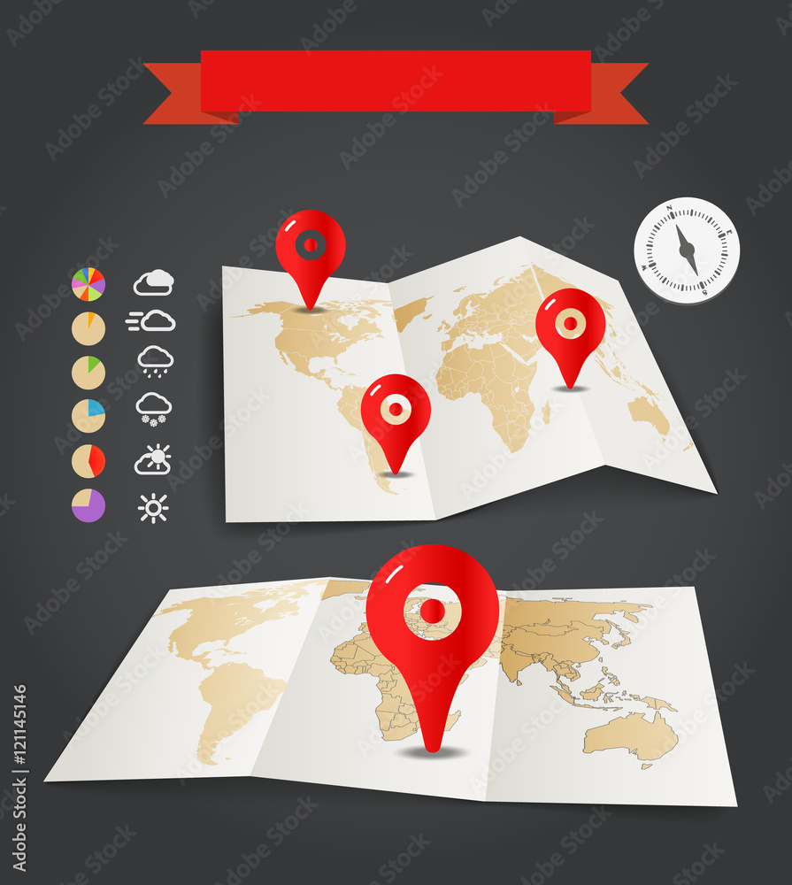 Poster earth maps set with weather icons and red pins