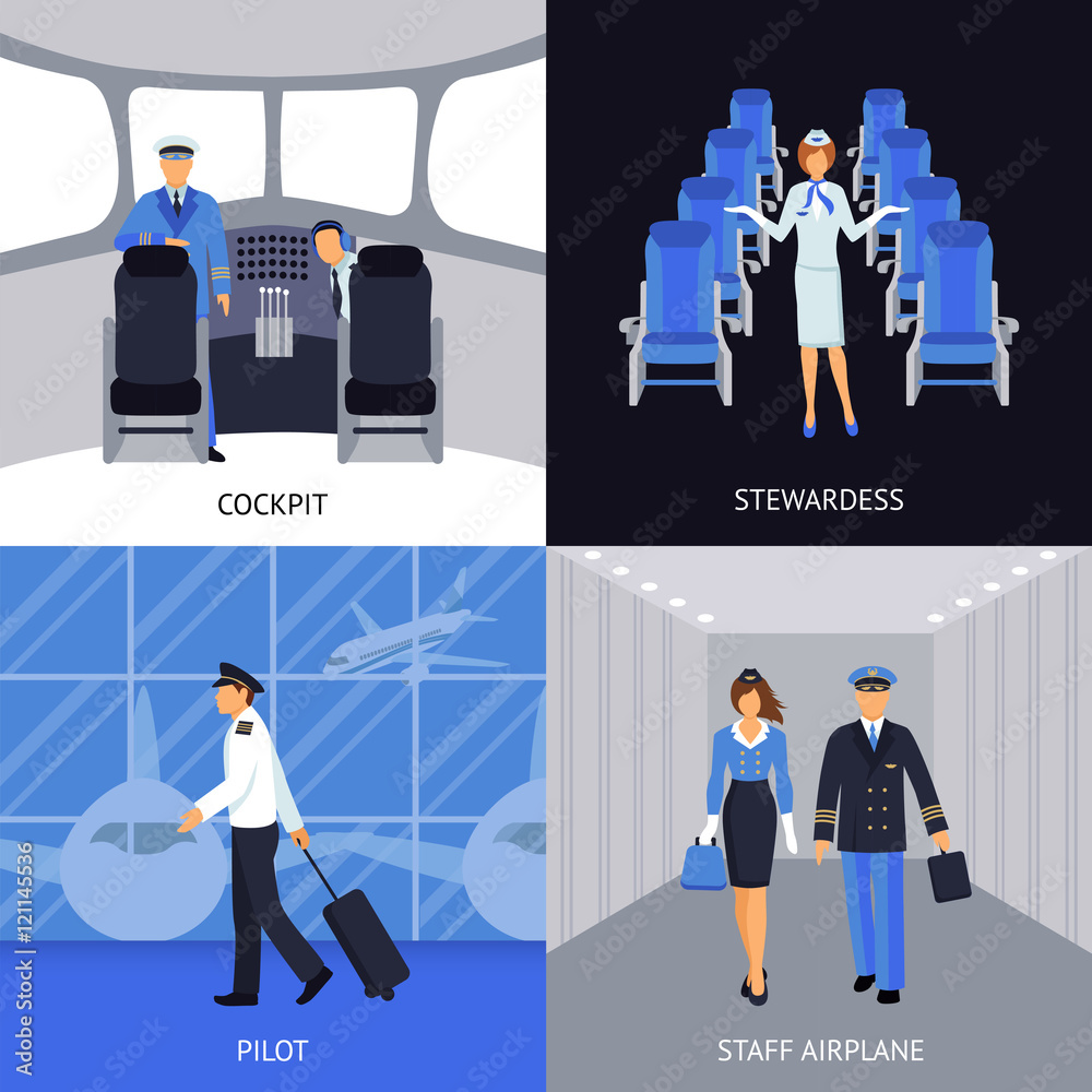 Wall mural pilot and stewardess 4 flat icons