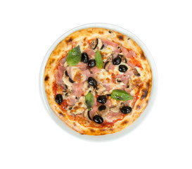 Pizza on a white background with tomato sauce, bacon, mushrooms and olives.