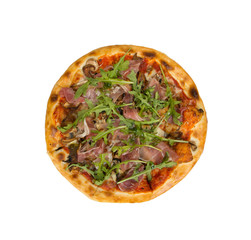 Pizza on a white background with tomato sauce, bacon and mushrooms.