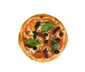 Pizza on a white background with tomato, meat, cheese and olives.