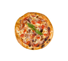 Pizza on a white background with cherry tomatoes, meat and cheese.