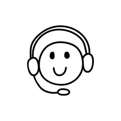 Webinar line icon, black and white. Symbol of happy listening person with headphones. Smiling face