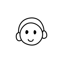 Webinar line icon, black and white. Symbol of happy listening person with headphones. Smiling face