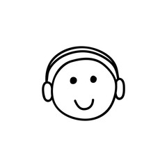 Webinar line icon, black and white. Symbol of happy listening person with headphones. Smiling face