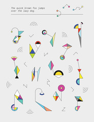 Set of simple cute geometric toys made of circles and triangles. Colorful abstract shapes. Template for a poster. Element of design.