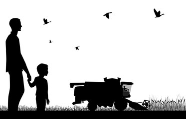 Fototapeta na wymiar Man with a boy watching to work of combine-harvester