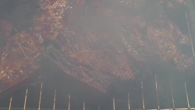 Close up of Pork Meat Steak on Barbecue Grill