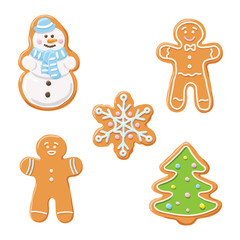 Sweet decorated new year gingerbread cookies icons set. Christmas tree and snowflake, ginger man, snowman.