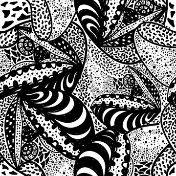 Seamless zentangle doodle wallpaper design, rough black and white vector background