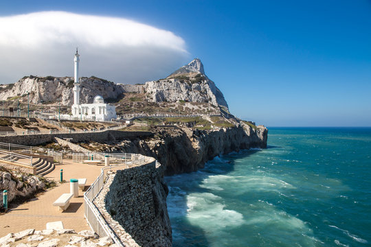Europa Point with Ibrahim-al-Ibrahim Mosque and the profile of Gibraltar Rock.