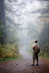 Man walking in a foggy summer forest alone