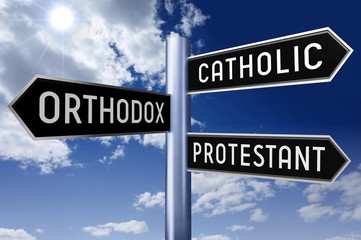 Signpost with three arrows - religion concept