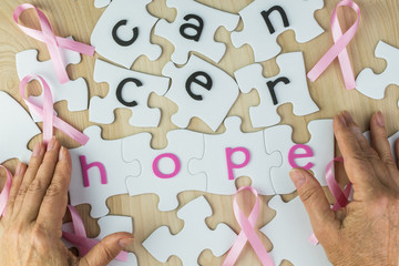 Breast cancer concept. Awareness  pink ribbon and puzzle.