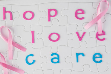 Cancer concept. Complete puzzle with  words for support.