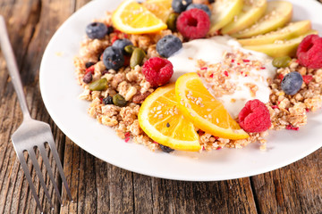 breakfast with muesli,yogurt and fruit