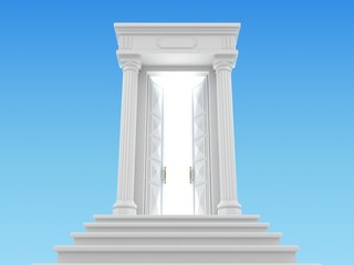 3D illustration of the heavenly ladder in the sky with a white portico and the door behind which the light
