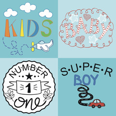 Four kids logo handwriting Baby, Kids, Super boy, Number one.