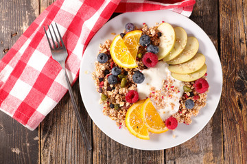 breakfast with muesli,yogurt and fruit