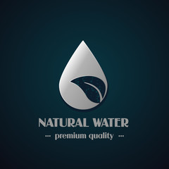 Vector chrome drop symbol with leaf on dark background, natural label for mineral water