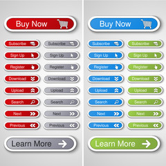 Vector buttons for website or app. Button - Buy now, Subscribe, Sign Up, Register, Download, Upload, Search, Next, Previous, Learn More