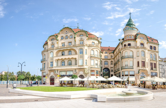 10 September 2016 - Oradea, Romania: Black Eagle ( Vulturul Negru ) secession Palace with terraces in front on a beautiful sunny day